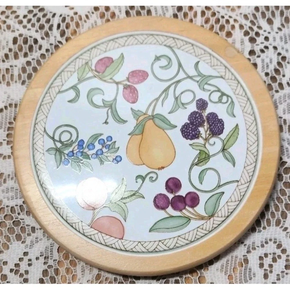Vintage Dansk Umbrian Fruits Tile And Wood Trivet‎ MCM Thailand 7
